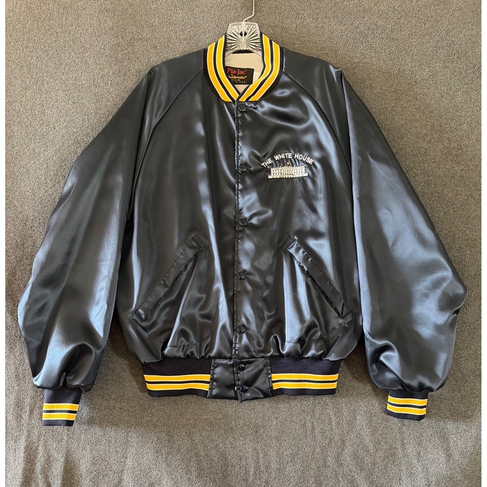 Pla-Jac Varsity Jacket Mens XL Black Excellent Satin White House Bomber Vintage